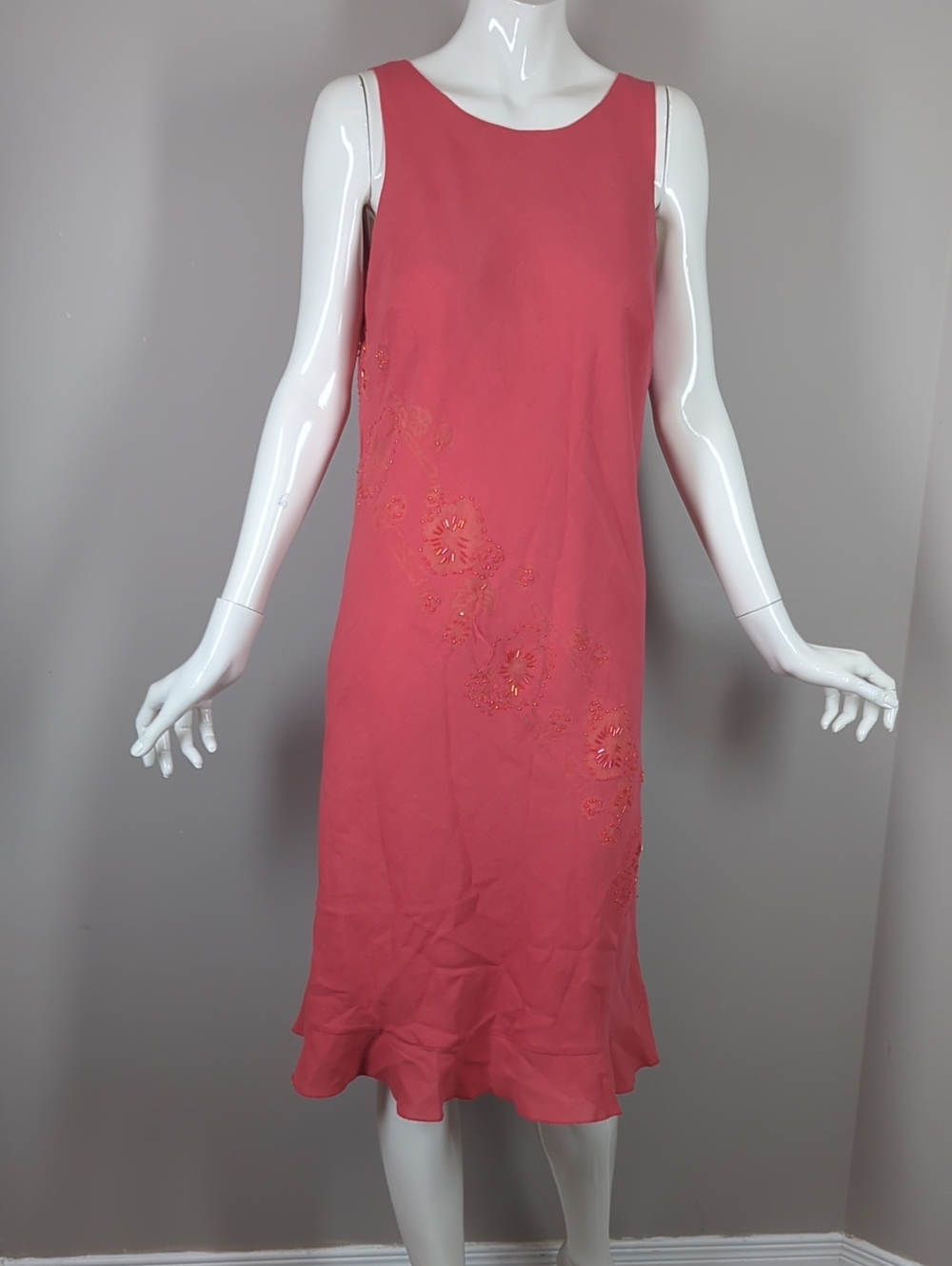 Vintage Tristan & Iseut Coral Pink Linen Blend Beaded Midi Dress 10